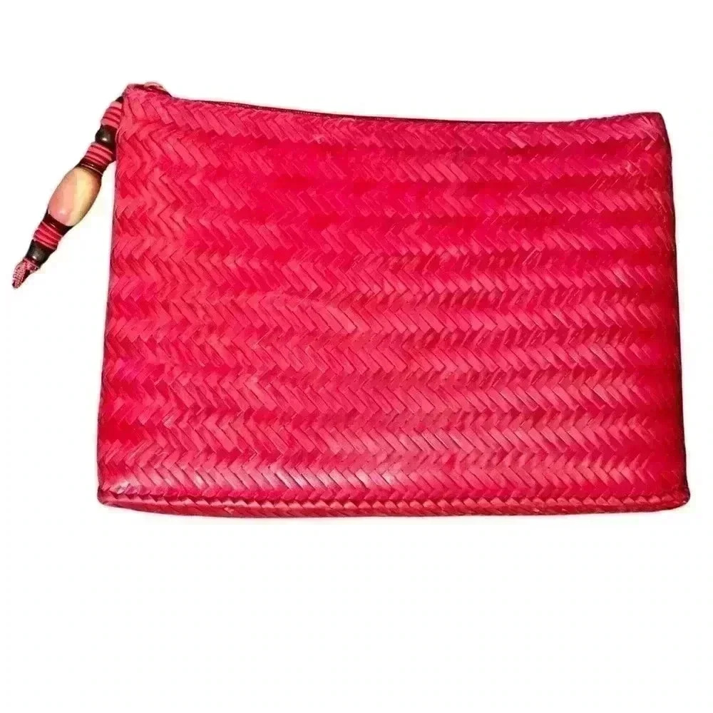 Vintage Hot Pink Straw Clutch Bag With Bead